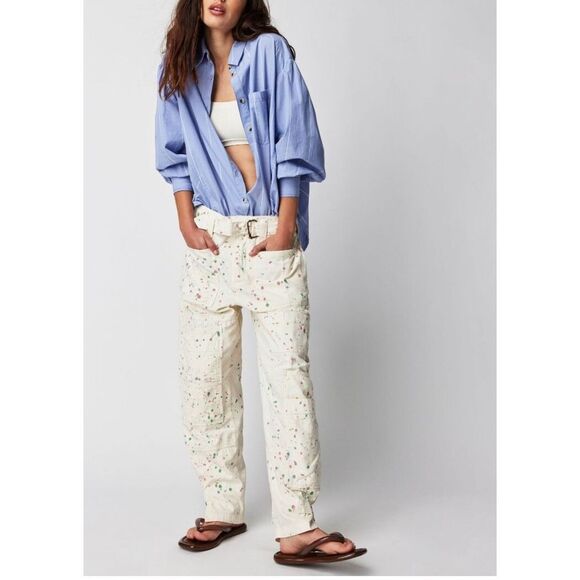 Free People Painter Pants in Ecry Utility Paint SplatterUS 6 NEW